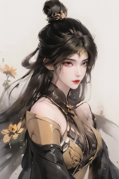 <lora:monv:1>,monv,1girl,solo,long hair,white background,brown hair,looking at viewer,bare shoulders,upper body,streaked hair,gold ornament,white hair,black silk lining,golden flower,hair accessory,dress,hair ornament,simple background,multicolored hair,breasts,realistic,detached sleeves,elbow gloves,frills,
(beautiful detailed eyes:1.2),black background,<lora:Freehand_Brushwork:0.6>,(detached sleeves:1.3),(inkblot:1.3),ink,waterpaint,white background,<lora:chinese-art:0.5>,chinese painting,chinese art,(bare shoulders:1.3),(from_above:1.1),, best quality , masterpiece, illustration, an extremely delicate and beautiful, extremely detailed ,CG,unity,8k wallpaper, Amazing, finely detail, masterpiece, best quality,official art,extremely detailed CG unity 8k wallpaper,absurdres, incredibly absurdres, huge filesize , ultra-detailed, highres, extremely detailed,beautiful detailed girl, extremely detailed eyes and face, beautiful detailed eyes,light on face,