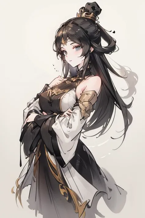 <lora:monv:1>,monv,1girl,solo,black hair,white background,blue eyes,upper body,bare shoulders,long hair,black silk lining,gold ornament,hair ornament,simple background,dress,realistic,detached sleeves,closed mouth,hair rings,looking to the side,frills,
<lora:Freehand_Brushwork:0.3>,<lora:animeLineartMangaLike_v20Offset:0.2>,lineart,
(portrait:1.2),dynamic_angle,front view,kittew,cuteg,flat chest,small_breasts,(looking_at_viewer:1.3),, best quality , masterpiece, illustration, an extremely delicate and beautiful, extremely detailed ,CG,unity,8k wallpaper, Amazing, finely detail, masterpiece, best quality,official art,extremely detailed CG unity 8k wallpaper,absurdres, incredibly absurdres, huge filesize , ultra-detailed, highres, extremely detailed,beautiful detailed girl, extremely detailed eyes and face, beautiful detailed eyes,light on face,