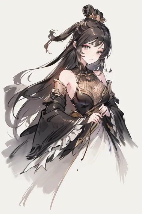 <lora:monv:1>,monv, 1girl, solo, black hair, white background, blue eyes, upper body, bare shoulders, long hair, black silk lining, gold ornament, hair ornament, simple background, dress, realistic, detached sleeves, closed mouth, hair rings, looking to the side, frills
<lora:Freehand_Brushwork:0.3>,<lora:animeLineartMangaLike_v20Offset:0.2>,lineart,
(portrait:1.2),dynamic_angle,front view,kittew,cuteg,flat chest,small_breasts,(looking_at_viewer:1.3),, best quality , masterpiece, illustration, an extremely delicate and beautiful, extremely detailed ,CG,unity,8k wallpaper, Amazing, finely detail, masterpiece, best quality,official art,extremely detailed CG unity 8k wallpaper,absurdres, incredibly absurdres, huge filesize , ultra-detailed, highres, extremely detailed,beautiful detailed girl, extremely detailed eyes and face, beautiful detailed eyes,light on face,