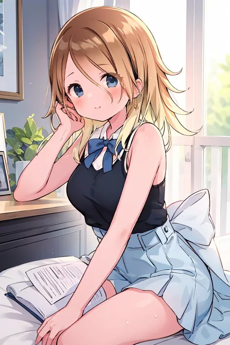 anime girl sitting on bed with open book and looking at camera