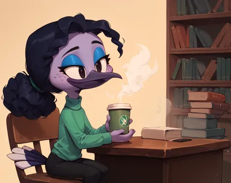 cartoon of a girl sitting at a desk with a cup of coffee