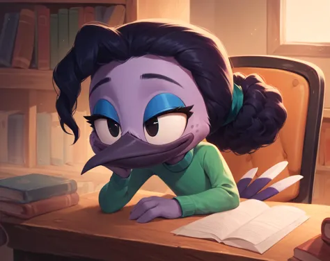 a cartoon bird sitting at a desk with a book and a pen