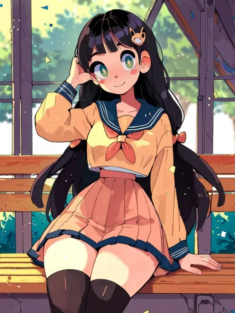 anime girl sitting on a bench with her hand on her head