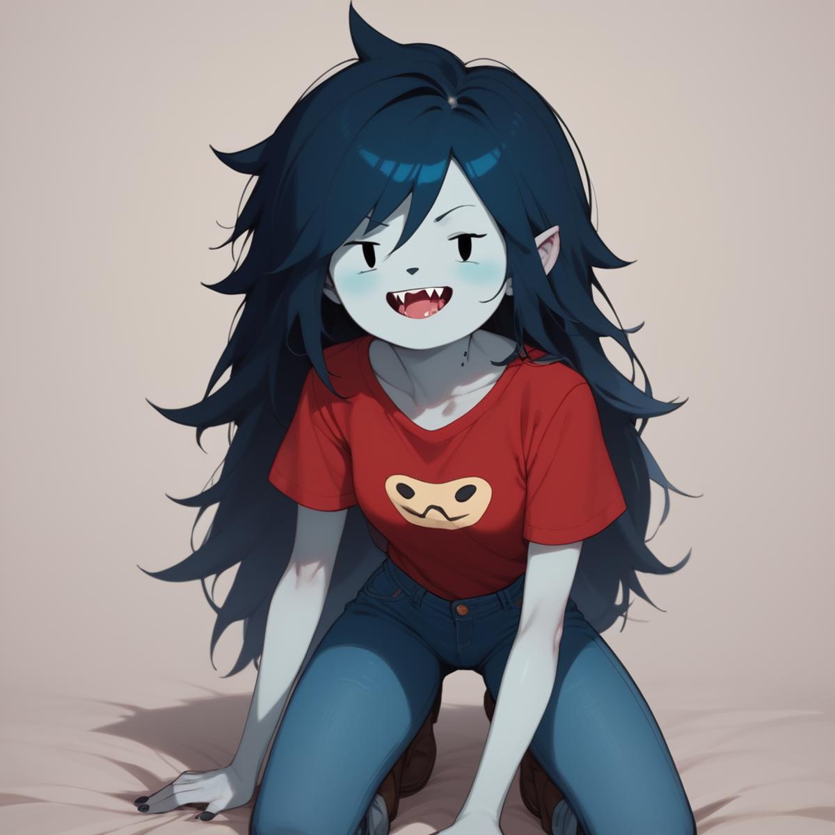 Uma garota de desenho animado com cabelo azul e camisa vermelha está  sentada em uma cama - SeaArt AI