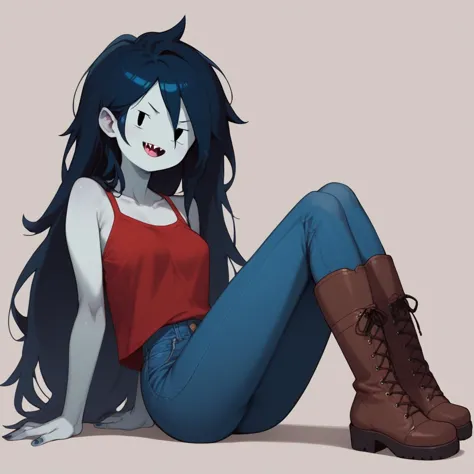 score_9, score_8_up, score_7_up,source_cartoon,marceline from adventure time,grey skin,(flat cartoon), 1girl,vampire,[masterpiece], dot eyes,red top,blue jeans ,boots,vampir sharp teeth