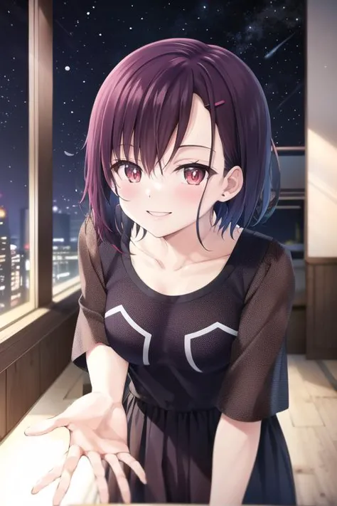 anime girl with purple hair and black dress looking out a window