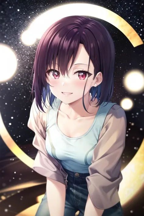 <lora:Shizuka:0.8> mikazuki_shizuka, red eyes, purple hair, short hair, casual clothes,
standing, small breasts, (upper body:1.1), room,  looking at viewer, close-up,  smile, face,
 (high quality:1.1), (high resolution:1.1), 4k, 1girl, detailed background, night, <lora:NoiseOffset_v2:1.0>