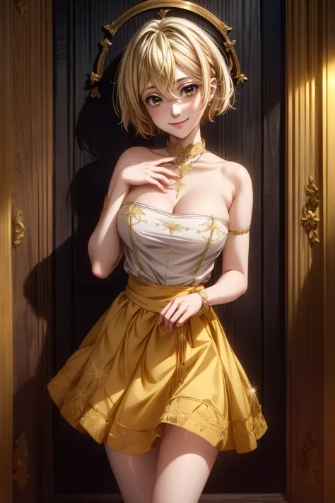 1girl, <lora:rentagf:1> mami, yellow hair, bob, yellow eyes, medium breasts, skirt, neckline, smile, ((detailed)), ((best qualit...