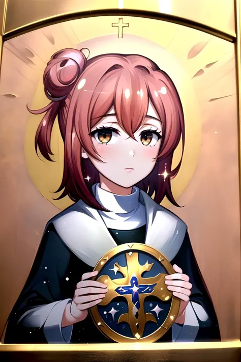 anime girl holding a shield with a star in it