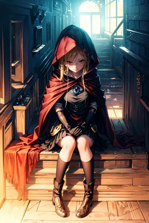 a woman sitting on a wooden bench with a red cape