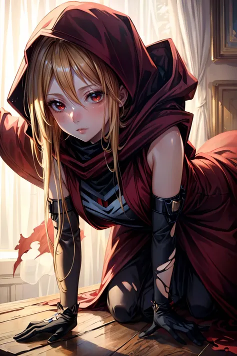 anime girl in a red cloak and boots on a wooden table