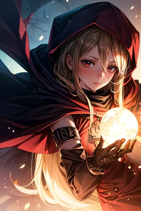 a woman with a cape holding a crystal ball in her hands