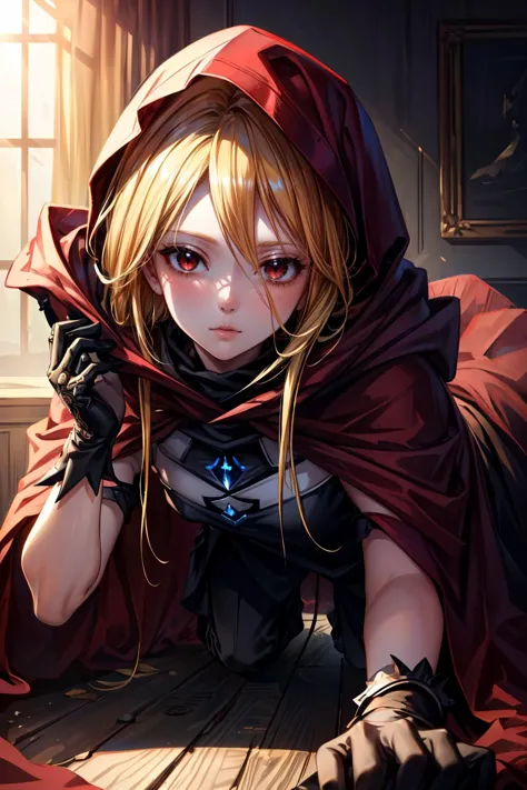 1girl, On all fours pose, <lora:evileye_overlord-10:0.8> evileye_overlord, blonde hair, long hair, hood,red eyes, gloves, cloak, torn clothes, cape, hooded cloak, (mask1.2), red cape, (black dress), Petite body, sexy, young, adult, full body, outside, magic, action, summoners,  ((detailed)), ((best quality)), ((masterpiece)),  (hires, high resolution:1.3), beautiful face, intricate, (detailed background, light colors, sunlight, natural light, soft shadows), (soft lighting, cinematic light, professional lighting, studio Lighting), extremely detailed CG unity 8k wallpaper, 32k, focus sharp,   <lora:add_detail:1>  <lora:Light and Shadow:0.5> <lora:CosmicEyes:0.7>