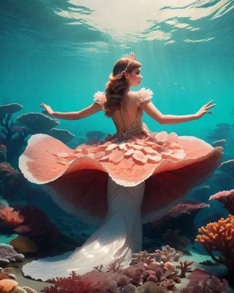 a woman in a mermaid costume is sitting on a giant shell