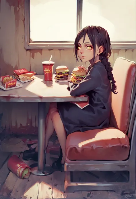 anime girl sitting at a table with a hamburger and a drink