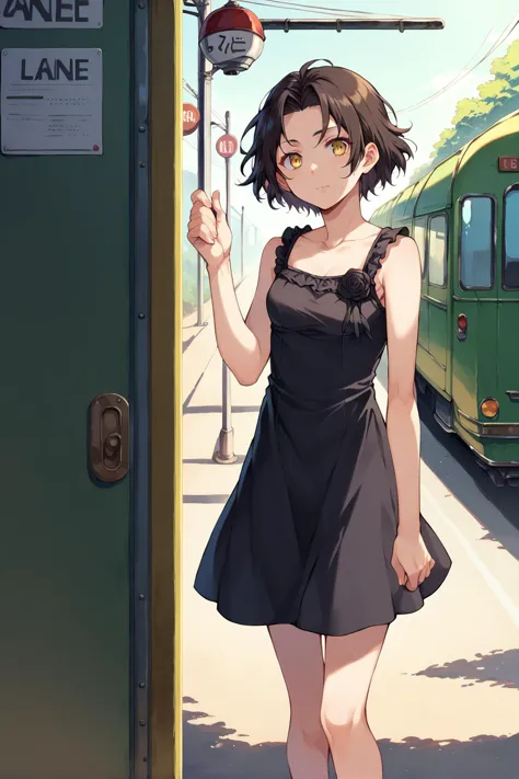 1girl, chane_laforet, chanedress, sleeveless, black dress, black rose, short hair, yellow eyes, standing near train, <lora:chane...