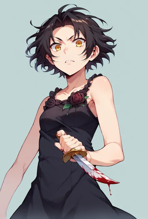 1girl,  holding knife, blood on knife,  <lora:Chane Laforet Pony XL:1> chane_laforet, short hair, yellow eyes, chanedress, sleeveless, black dress, black rose, <lora:DynamicPose_alpha1.0_rank4_noxattn_100steps:1>, dynamic pose, super wide angle shot, extreme perspective,, score_9, score_8_up, score_7_up,