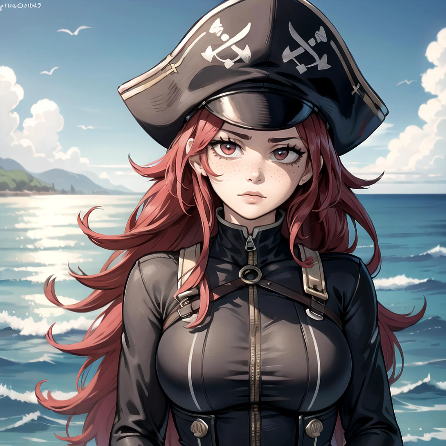 (masterpiece, best quality, intricate details:1.2), 1girl, pirate hat, pirate suit, super Long hair, bright red hair, hair focus, freckles, upper body view, ocean background