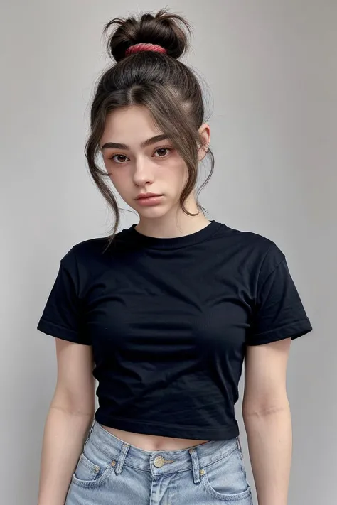 upper body <lora:Dasha-000006:.9> Dasha, focus on face, wearing a tshirt and jeans , her hair is styled as voluminous bun,