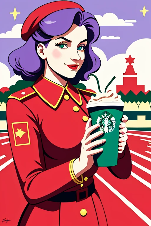 苏联风格, 苏联宣传海报, 虚拟的_youtuber, 最好的质量, 杰作, 女孩在空荡荡的公园中间享用星巴克咖啡, lomg 紫色头发, 穿着咖啡师服装, 