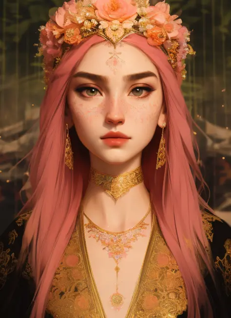 samdoesarts style (symmetry:1.1) (portrait of floral:1.05) beautiful goddess, (assassins creed style:0.8), pink and gold and opal color scheme, beautiful intricate filegrid facepaint, intricate, elegant, highly detailed, digital painting, artstation, concept art, smooth, sharp focus, illustration, art by greg rutkowski and alphonse mucha, 8k