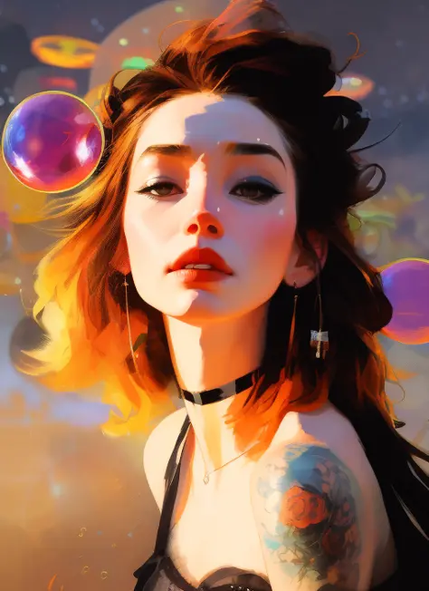 samdoesarts style drunken beautiful woman as delirium from sandman, (hallucinating colorful soap bubbles), by jeremy mann, by sandra chevrier, by dave mckean and richard avedon and maciej kuciara, punk rock, tank girl, high detailed, 8k