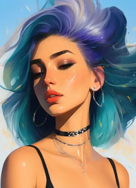 samdoesarts style award winning half body portrait of a beautiful woman in a croptop and cargo pants with ombre navy blue teal hairstyle with head in motion and hair flying, paint splashes, splatter, outrun, vaporware, shaded flat illustration, digital art, trending on artstation, highly detailed, fine detail, intricate