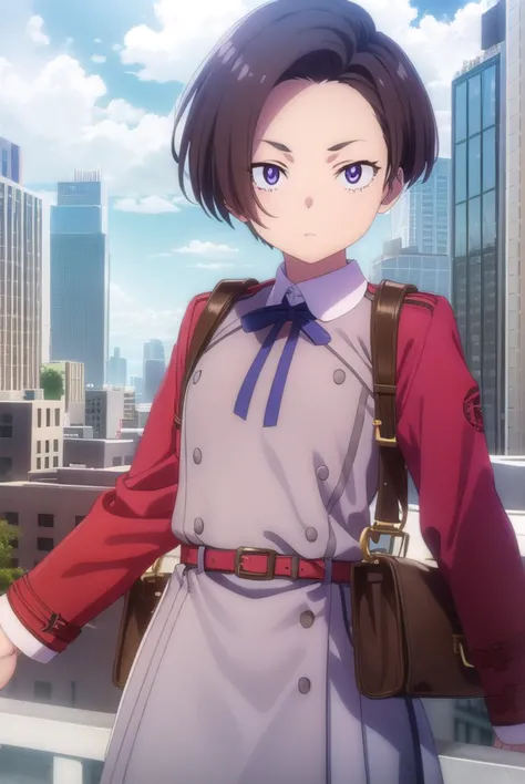 fukiharukawa, <lyco:fukiharukawas1-lyco-nochekaiser:1>, 
fuki harukawa, short hair, forehead, brown hair, (purple eyes:1.1),
bre...