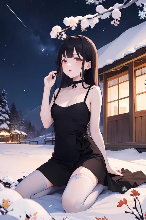 1girl,solo,long hair,black hair,thighhighs,dress,bare shoulders,choker,black thighhighs,black dress,arm up,kneeling,sleeveless dress,<lora:lbc_black_shaqun:0.5>,
BREAK
beautiful detailed sky, night, stars, (red plum blossom),((winter)),(((snowflakes))), ((red and white flowers))ï¼(starry sky),(sitting),((colorful)),scenery, lantern,(starfall),