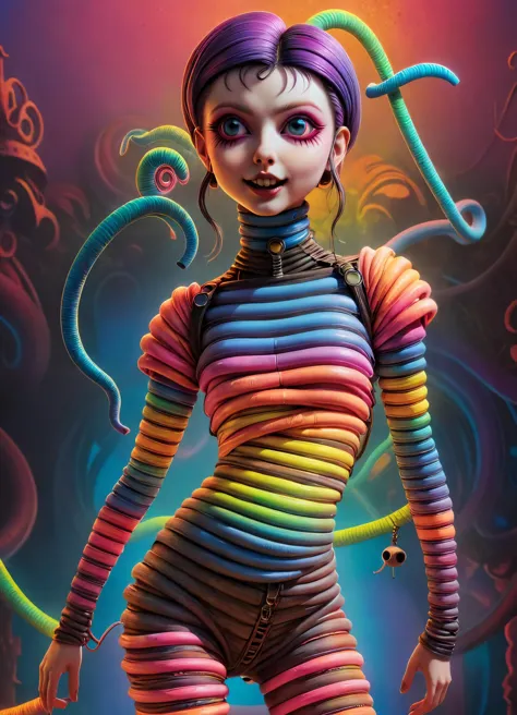 macabre style kawaii style Adorable 3D Character, Ombre color scheme of neon orange, neon pink, neon blue, neon yellow, neon gre...