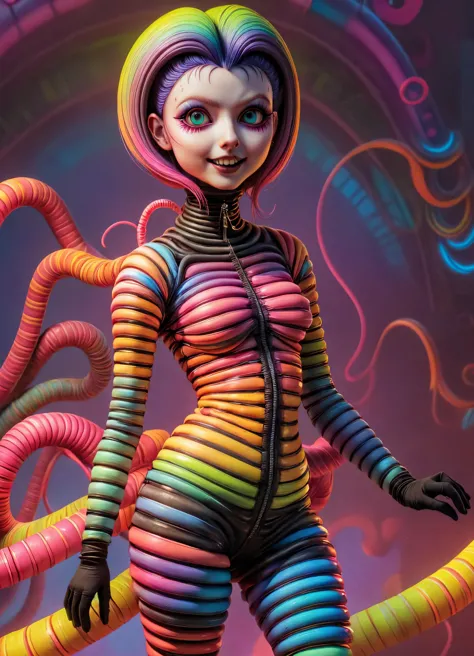 macabre style kawaii style Adorable 3D Character, Ombre color scheme of neon orange, neon pink, neon blue, neon yellow, neon green, (woman:1.1) with (elongated neck:1.3) <lora:Philippe Druillet Style:0.6> Philippe Druillet Style  <lora:ral-watrho:0.7> ral-watrho  <lora:ip-adapter-faceid-plusv2_sdxl_lora:1> <lora:trip2:0.4> , subsurface scattering, Photorealistic, Hyperrealistic, analog style, realistic, film photography, soft lighting, heavy shadow, 3D render, adorable character, 3D art . cute, adorable, brightly colored, cheerful, anime influence, highly detailed . dark, gothic, grim, haunting, highly detailed