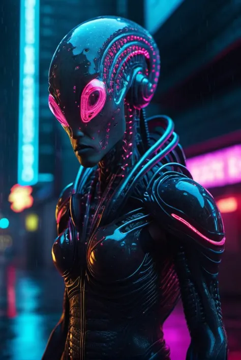 Neon noir alien god, full body, see through skin, majestic, jellyfish, telepathy, highly detailed, floating, beams, . Cyberpunk,...