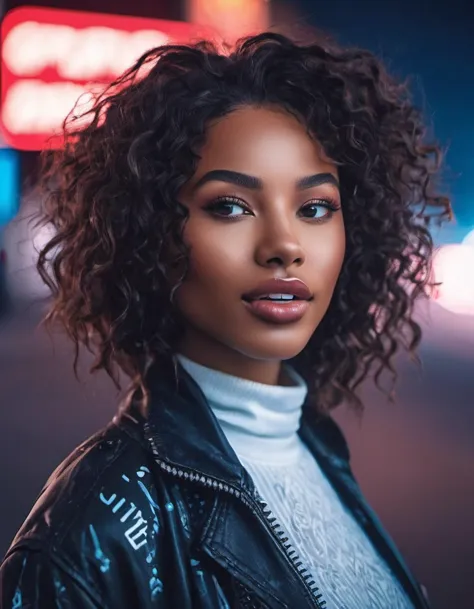 a woman with curly hair wearing a black leather jacket