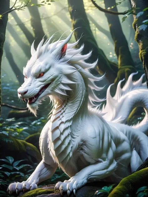 <lora:add-detail-xl:1> <lora:FaeTastic:0.8> chinese white dragon, white hair, white fur,l ong body, long slender tail, long, in ...