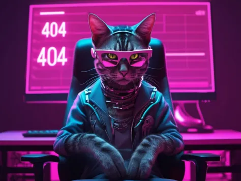 masterpiece, best quality,  a cyber cat sitting on a gaming chair,  coding on computer, on the screen there is a sign with the text (404) , neon light