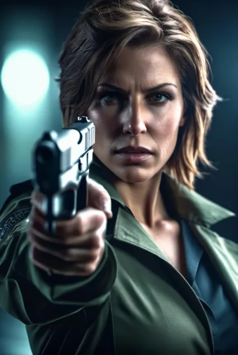 cinematic film still a woman holding a handgun, Metal Gear Solid, busty, trending on ArtStation . shallow depth of field, vignet...
