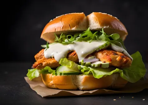 a portrait photo of a chicken sandwich with mayo, lettuce, tomatoes and pickles