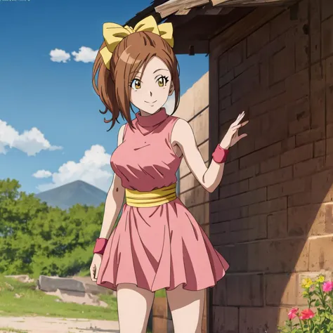 anime coloring,10 years old,Kluke,solo, brown hair, dress,bow,ponytail, wristband, hair bow, socks, pink dress, sleeveless, sash, short dress, breasts, jewelry, yellow bow,medium breasts,cowboy shot,lower body,standing,outdoors,smile,closed mouth, <lora:Kluke:0.7>