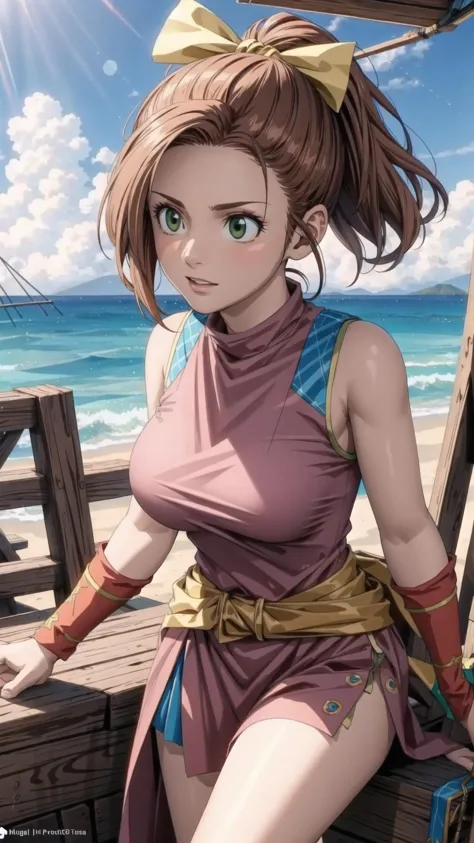 <lora:Kluke-10:0.7> Kluke, 1girl, brown hair, bow, green eyes, ponytail, hair bow, BREAK, on pirate ship, ocean, BREAK, masterpi...