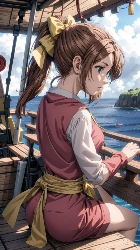 <lora:Kluke-10:0.7> Kluke, 1girl, brown hair, bow, green eyes, ponytail, hair bow, BREAK, on pirate ship, ocean, BREAK, masterpi...
