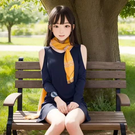 araffe sitting on a bench in a park with a scarf around her neck