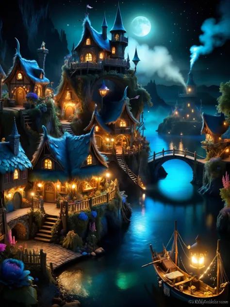 ral-feathercoat, A whimsical scene of a ral-feathercoat fairy village at night, with tiny habor, fishing boats, a lighthouse, ho...