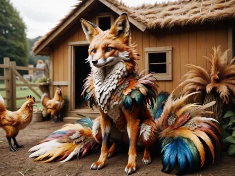 ral-feathercoat, a realistic fox in an elaborate feathered costume is sat outside the chicken coop in the farmyard <lora:ral-fea...