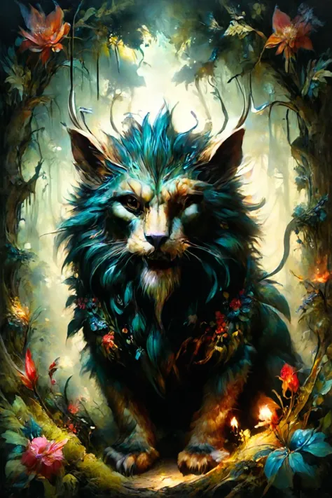 Detailed digital portrait of a  <lora:ral-mythcr:0.7> manticore at a Enchanted forest with glowing flora, <lora:Ethereal_Grace:0...
