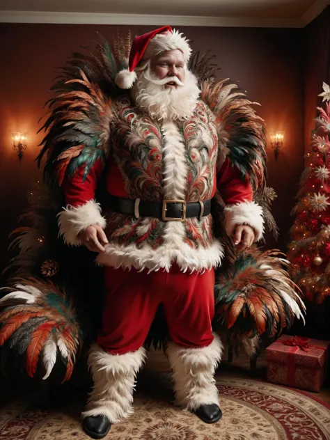 ral-feathercoat, fat Santa getting ready for Christmas by trying on a new elaborate and detailed feather suit. The suit keeps to the traditional red, white and black color scheme The room behind Santa is highly decorated with Christmas decorations