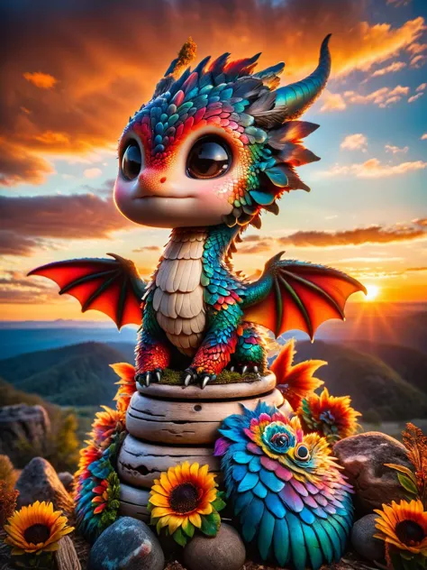 ral-smoldragons, A smol dragon with ral-feathercoat instead of scales, nesting atop an ancient, weathered totem pole, with a dramatic sunset sky behind it vibrant, HDR, unique 