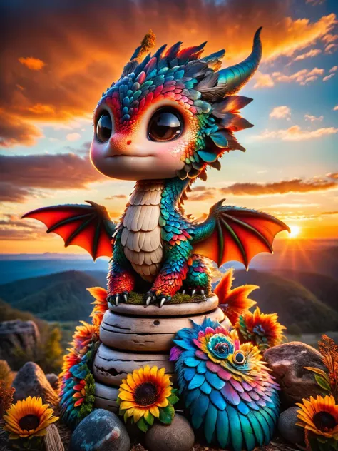 ral-smoldragons, Um pequeno dragão com uma capa de penas de ral em vez de escamas, aninhando no topo de um antigo, totem de madeira envelhecido, com um céu de pôr do sol dramático atrás dele vibrante, HDR, unique 