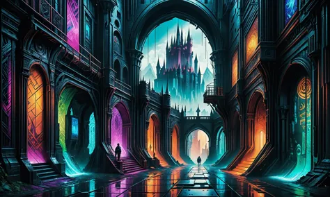 Beautiful detailed digital illustration of a Underground netrunner with cyberdeck hacking at a Vibrant tapestries adorning castle walls, ColorART , ral-feathercoat