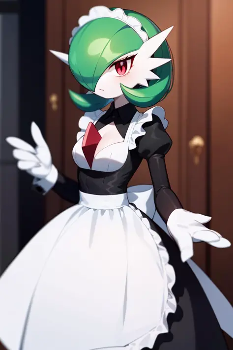 masterpiece, best_quality, 1girl, solo, gardevoir,  pokemon \(creature\), green hair, red eyes, maid dress, mansion<lora:gardevo...