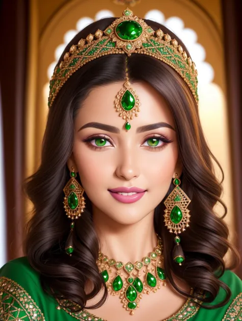 Masterpiece, 4K, woman wearing a Moroccan caftan,(Beautiful dark haired woman:1.2),(Moroccan style:1.2), (upper body focus:1.1), portrait, high quality art, high resolution, high definition, face close up, green eyes, puffy lips, smiling, surprised, blushing, lipstick, beautiful eyes, smooth skin, pretty woman,  golden earrings,  <lora:Moroccan_Caftan:0.6>